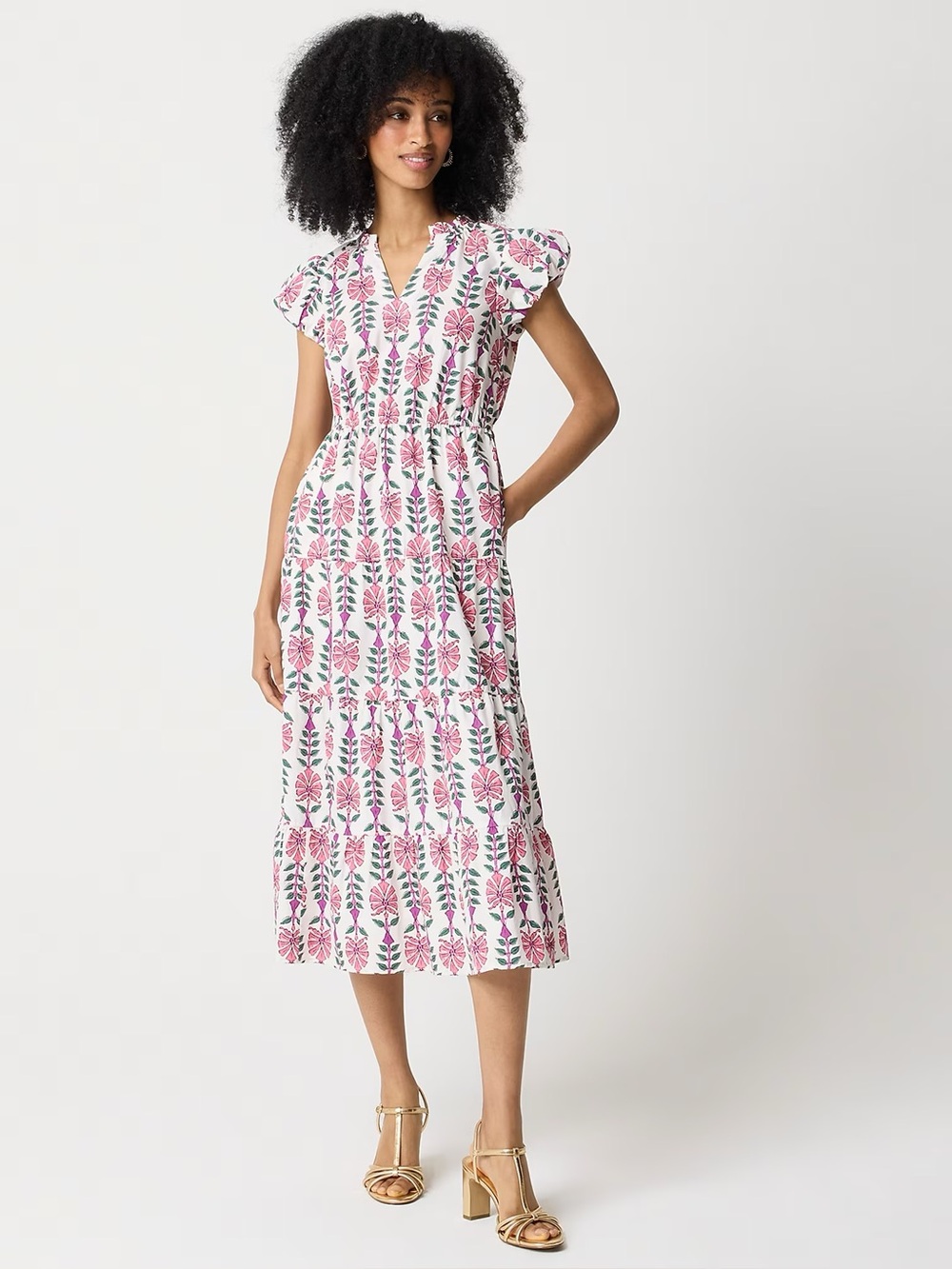 J. Crew White Midi Dress with Pink Floral Print